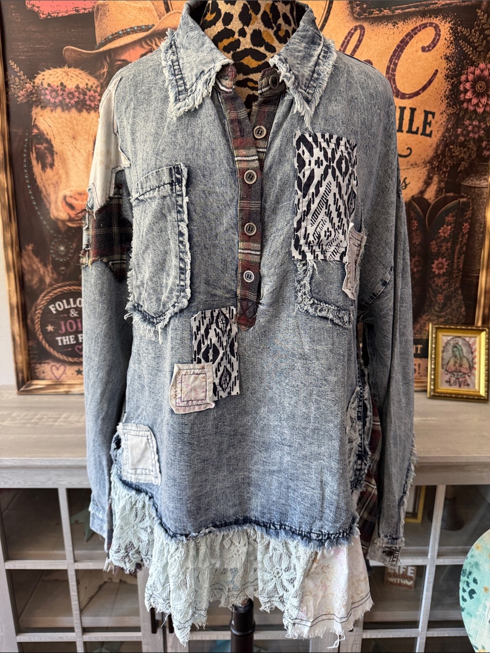 Oli & Hali Patchwork Denim Plaid Lace Boho Tunic Shirt Women's Large